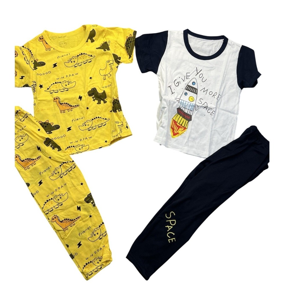 Toddler Boy Kids Dinosaur & Space Pajama Bundle 2-Set‎ Yellow Navy Blue Size 4T